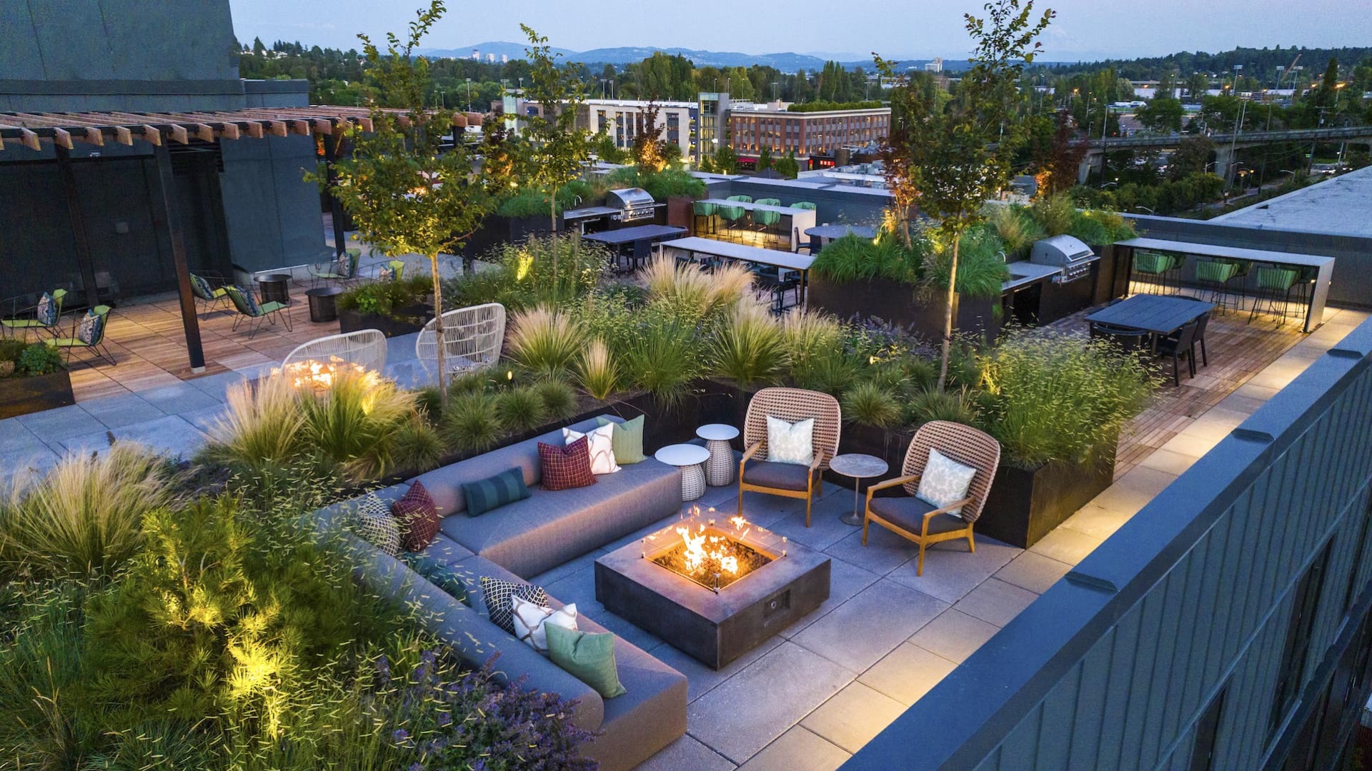 outside courtyard with seating and lush landscaping