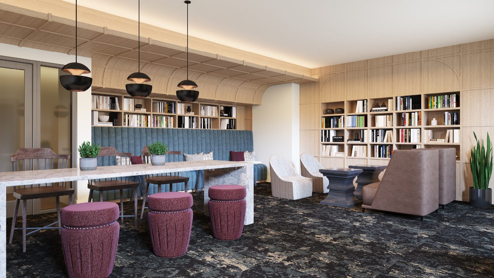Library with large lounge area and natural lighting
