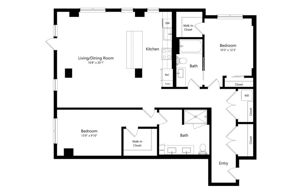 B7.2 - 2 bedroom floorplan layout with 2 baths and 1398 square feet.